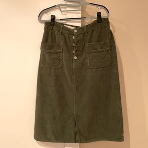 Pilcro forest green corduroy knee length skirt with button fly